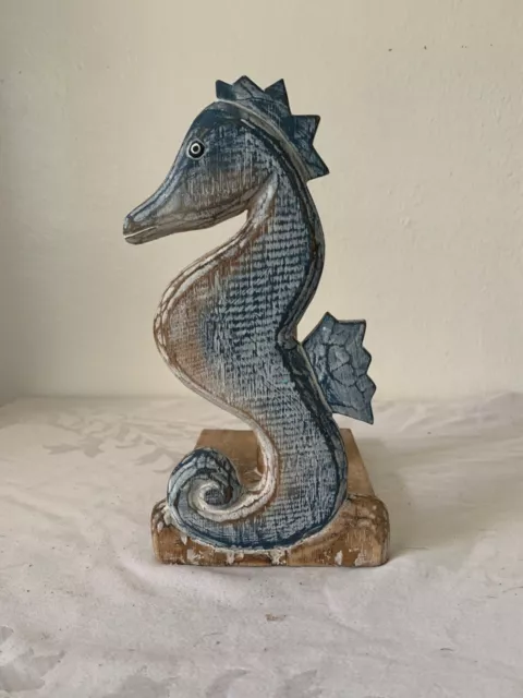 Sea Horse Paper Towel Holder, Coastal, Wood, Hand Carved, Sea Life, Dark Blue