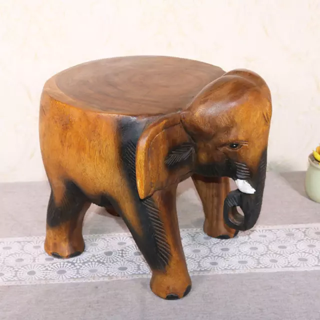 7” Thailand Solid Wood Elephant Pier Pure Hand Carved Home Stool
