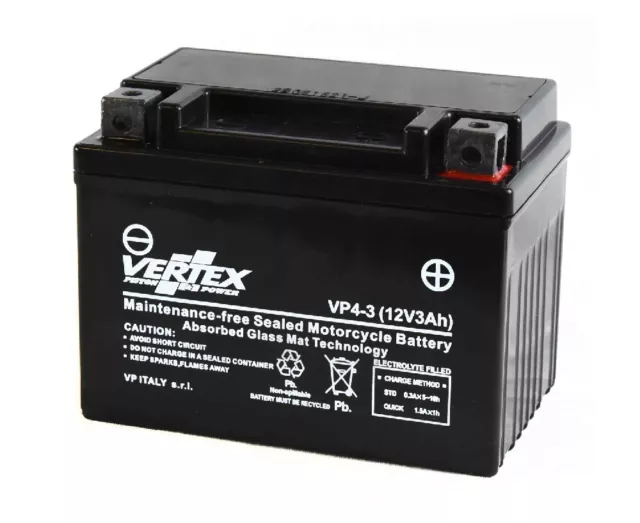 Vertex VP4-3 Sealed AGM Battery Replaces - CT4L-BS CTX4L-BS YT4L-BS YTX4L-BS
