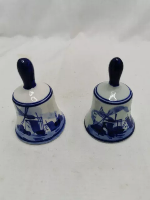 Holland Delft Blue Windmill Floral Flower Porcelain Dinner Bells X2 Vintage 2