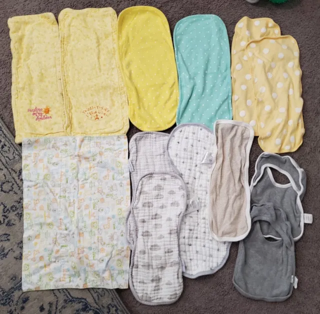 Lot Of Baby Burp Cloth & Bibs Carters Gerber Burts Bees Yellow Gray Neutral Boy