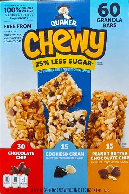 Quaker Chewy ""Variety"" 25% Less Sugar 60 barrette di granola, 3 varietà 1440 gr da USA