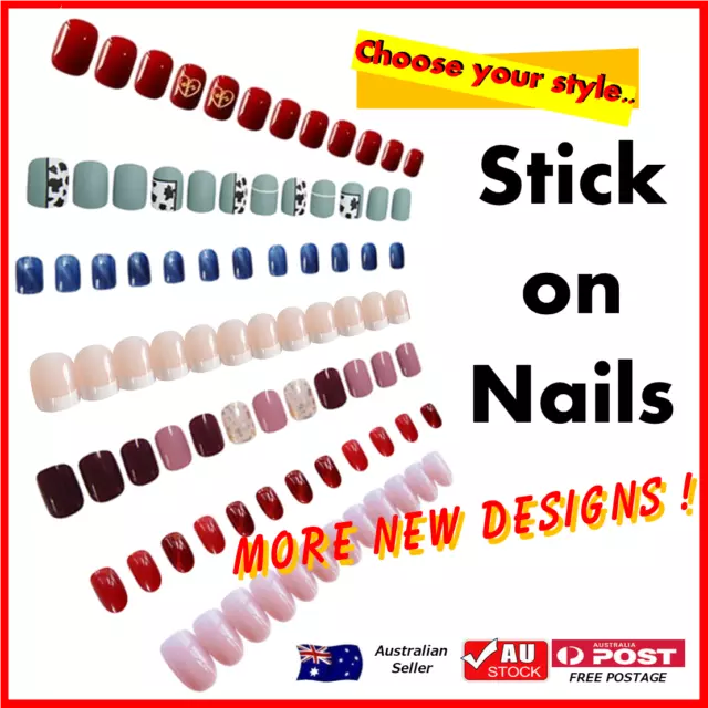 24PCS Fake Nails Reusable Stick On Nails Press on Full Cover False Nail Tips AU