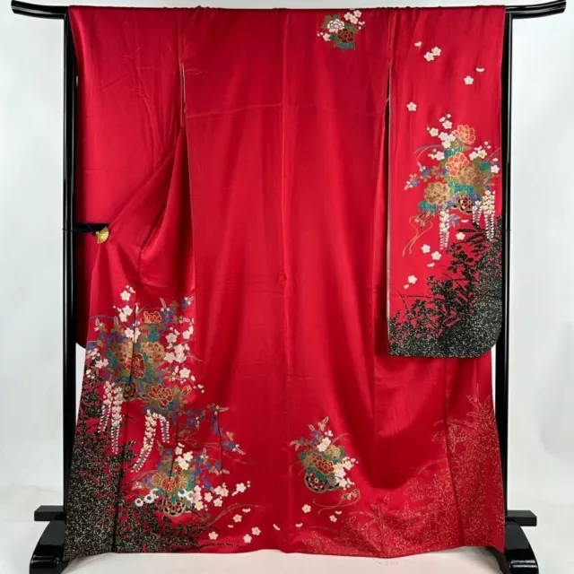 Japanese Kimono Furisode Pure Silk Lined Hanaguruma Plum Gold Red Black Formal