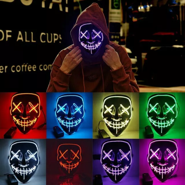 Face Mask LED Light Up Costume Fortnite Party The Purge Movie Cosplay Halloween 3