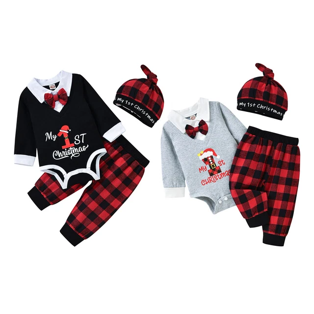 Newborn Baby Boys Christmas Outfits Gentleman Bodysuit with Plaid Pants Hat Set