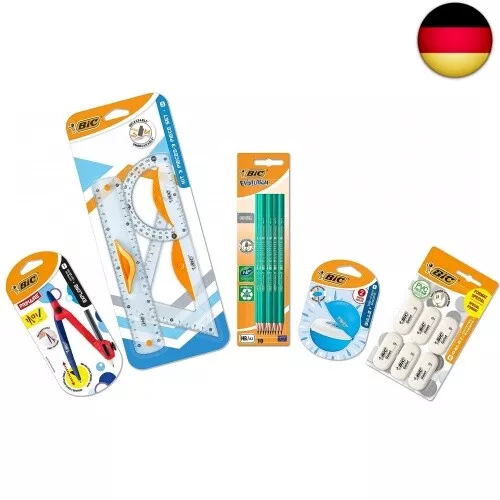 BIC Schulbedarf Set: 10 Bleistifte, 1 Zirkel, 1 Spitzer mit Dose, Geometrie Set
