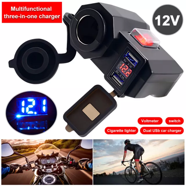 Motorcycle Cigarette Lighter Socket Outlet Dual USB Charger LED Voltmeter+Switch