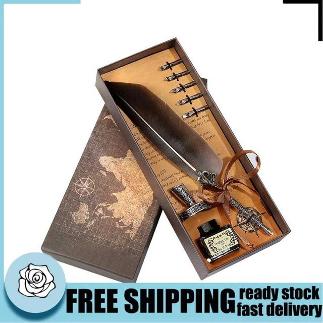 RETRO CALLIGRAPHY FEATHER Dip Pen Writing Ink Quill Fountain Pen Set ...