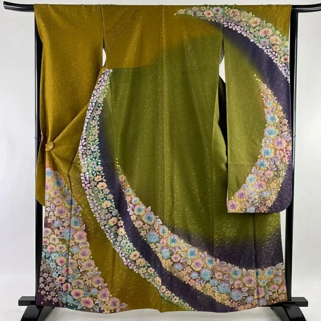Woman Japanese Kimono Furisode Silk Tsujigabana Gold Thread Foil OliveGreen