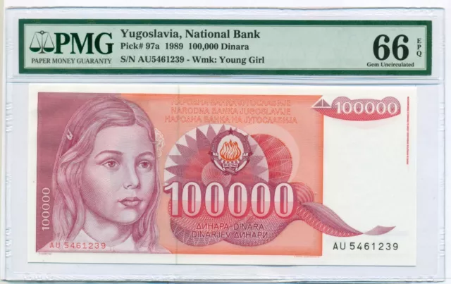 Yugoslavia 1989 100,000 Dinara Bank Note Gem Unc 66 EPQ PMG