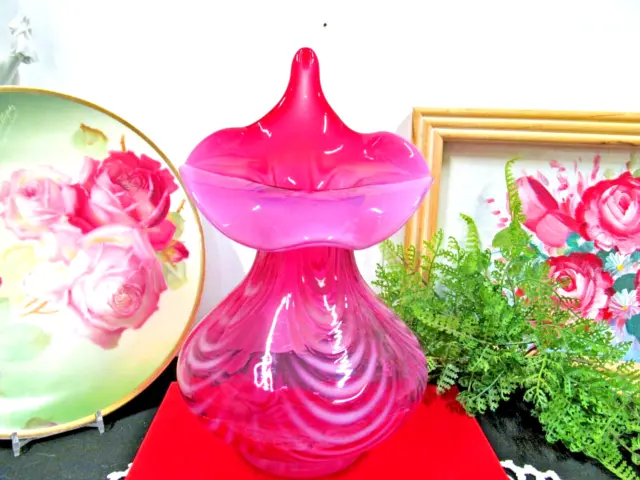 Fenton Cranberry  Opalescent pink  Jack in the pulpit vase Tulip swirls
