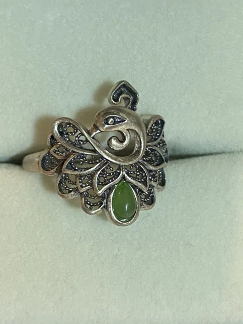 925 Sterling Silver Natural Green Jade Phoenix Peacock  Ring