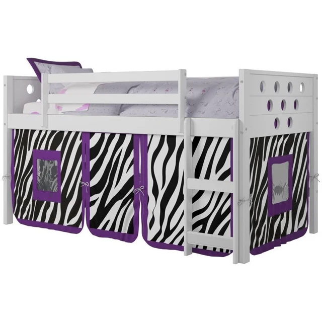 Donco Kids Circles Twin Wooden Low Loft Bed with Zebra Tent in White