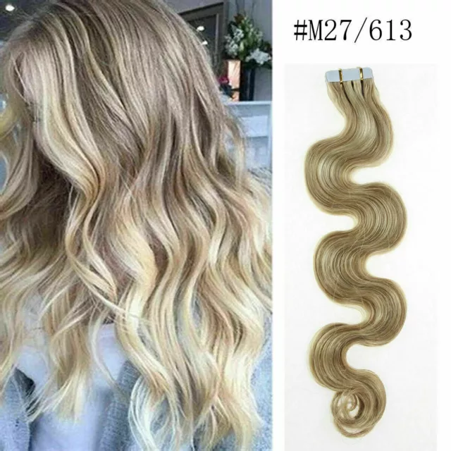 18" Tape In Curly Wavy Remy Human Hair Extensions Thick Skin Weft Full Head AU