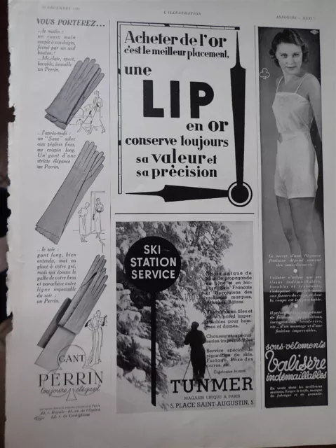 LIP en or + TUNMER + Gant PERRIN + VALISERE publicité papier ILLUSTRATION 1933