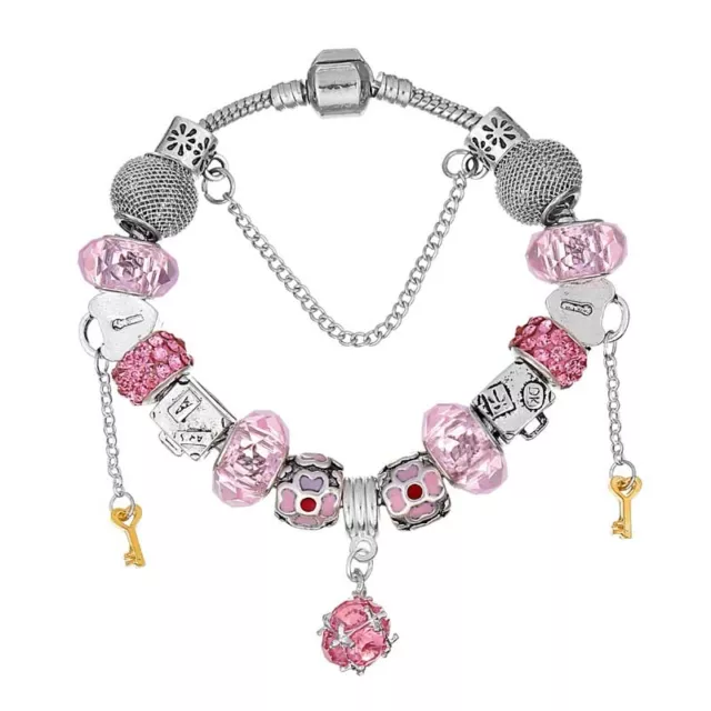 NEW Silver Pink Flower Gold Key Lock Murano Beads Charm European Bracelet