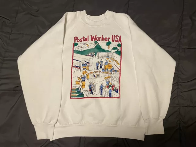 Vintage 1989 Wasserman Postal Workers USA Pullover White Sweater Size S READ A8