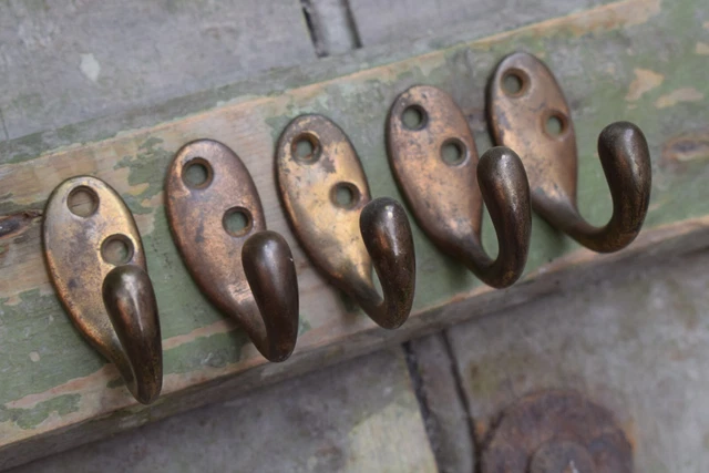 Set Of Five Reclaimed Brassed Coat Hooks / Old Vintage Antique Rack Pegs Hall ..