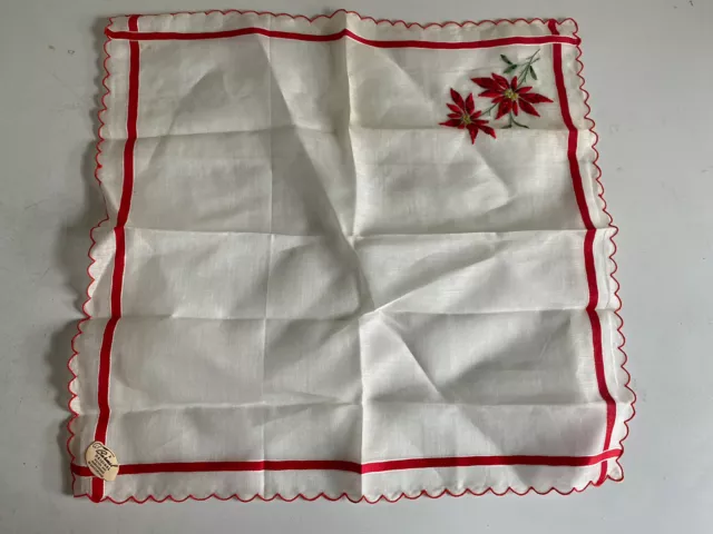 Vintage 50s Rosso Poinsettie Natale Fazzoletto Smerlato Orlo Originale Etichetta