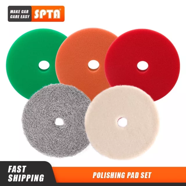 SPTA 5Pcs 3/5/6 inch Car Sponge Wool Microfiber Polishing Buffing Pads Set Wax