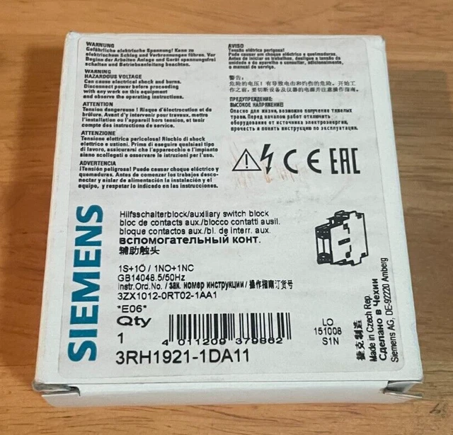 Siemens 3RH1921-1DA11 Auxiliary Contact 10A/240V NEW NEW NEW