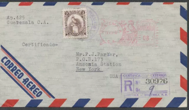 1957 Guatemala Cover Airmail Registered with Small Quetzal Stamp & Meter