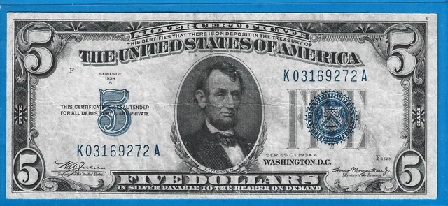 1934 A $5 Silver Certificate,Blue Seal,Circ Very Fine,Nice!