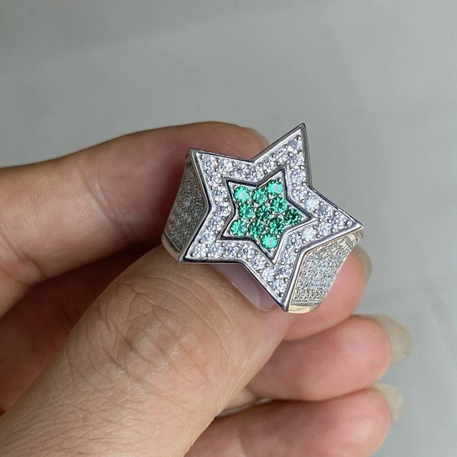 1Ct Green Emerald Diamond Cluster Star Wedding Band Ring 14K White Gold Finish