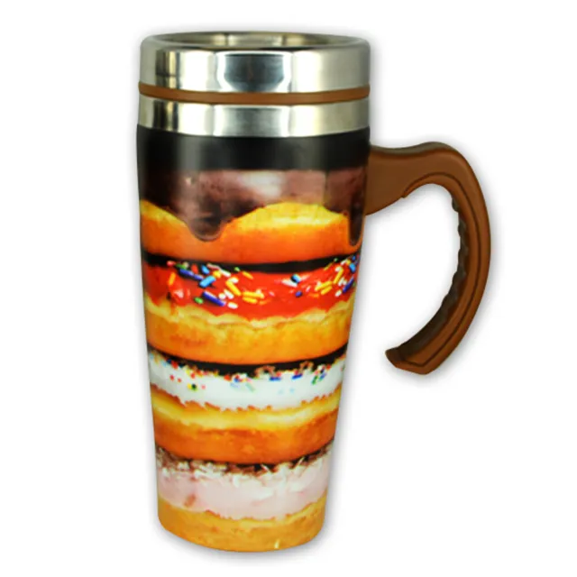 16 oz. Stainless Steel Thermal Printed Travel Coffee Mug, Lid & Handle - Donuts
