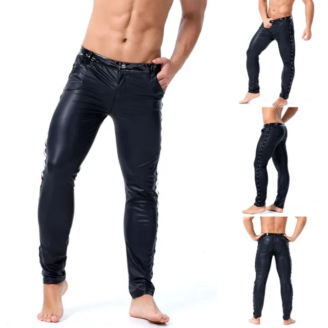 Pantaloni classici da uomo slim fit neri in finta pelle poliuretano