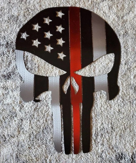 Punisher Thin Red Line 24" Skull Metal Wall Art Firefighter Man Cave Flag Decor
