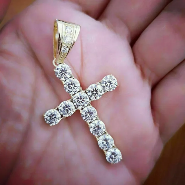 Real Moissanite 3Ct Round Cut Men's Cross Pendant 14K Yellow Gold Plated Silver