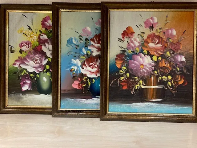 Bilder 3 er Set Blumen Vase Stilleben Handgemalt brilliante Farben