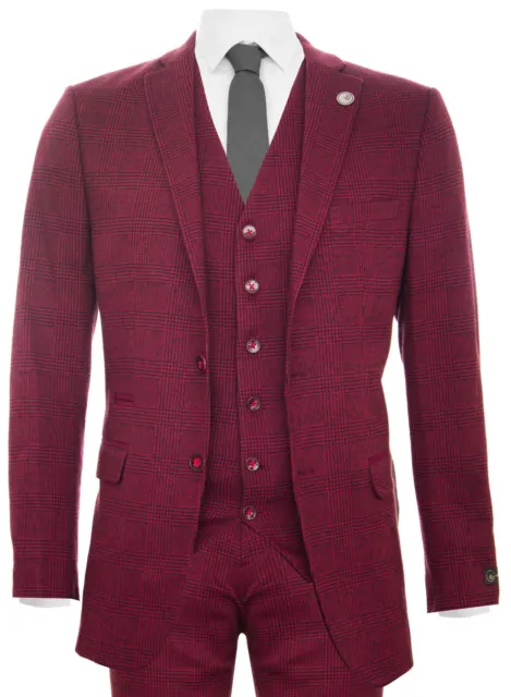 Mens 3 Piece Tweed Suit Wool Burgundy Black 1920s Peaky Blinders Retro Classic