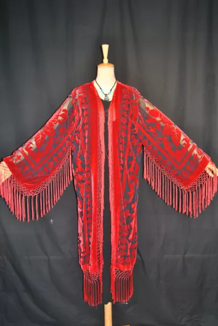 Art to Classic Red Black Burnout Velvet Eastern Fringe Kimono Jacket Duster Coat