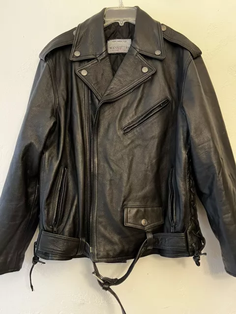 VINTAGE Handmade BLACK THICK LEATHER BIKER MOTORCYCLE JACKET MENS HARLEY  SIZE L