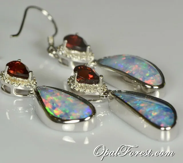 Opal Jewelry Set, Opal Pendant, Opal Earrings, Drops, Dangles, Necklace, Garnet