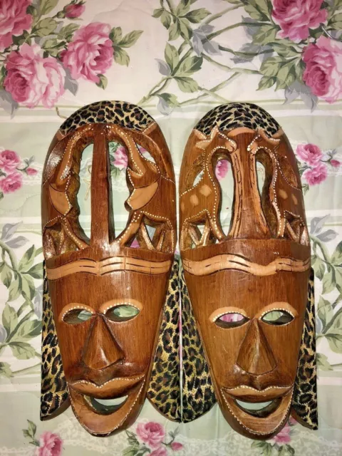 Rare Vintage Hand-Carved African Wood and Fabric Mask 2/pc.