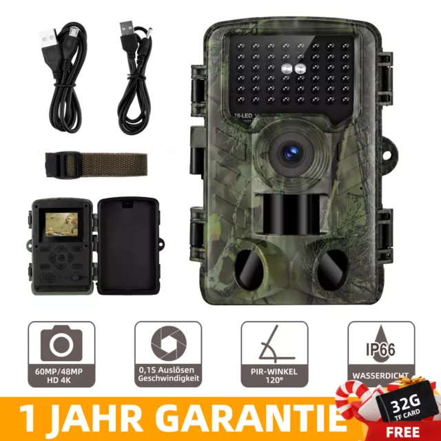 Wildkamera 60MP 2160P Video Jagdkamera Bewegungsmelder Nachtsicht mit SD-Karte