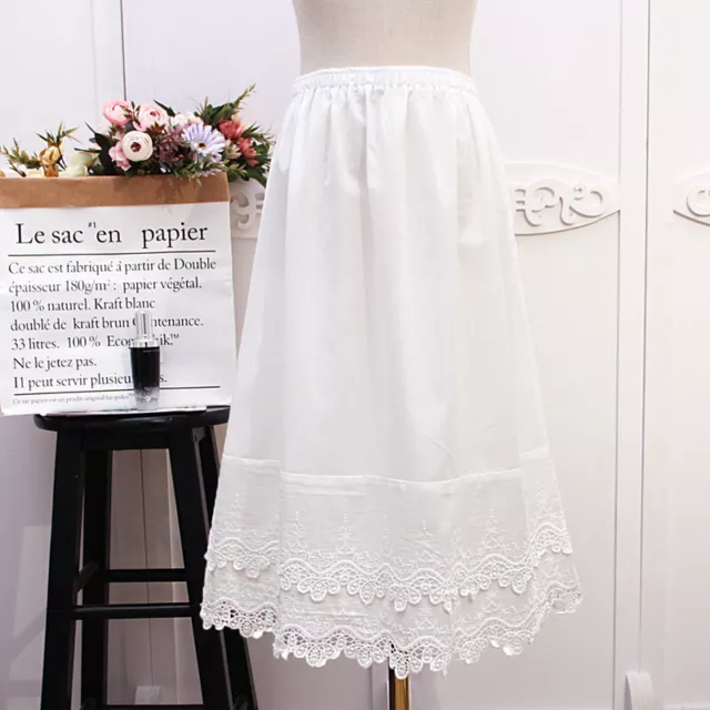 Women White Cotton Lace Trim A-Line Half Slip Underskirt Safety Skirt Petticoat