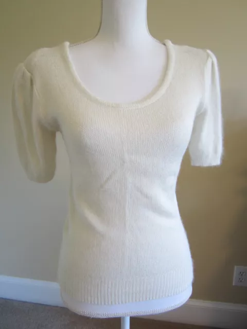 Vtg 80's Round Neck White Shiny Short Sleeve Rabbithair Knit Sweater Womens Sz M