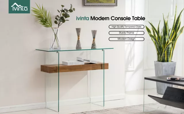 Ivinta Narrow Glass Console Table Wood Storage Shelf for Living Room 3