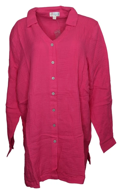 Belle Beach by Kim Gravel Women's Top Plus Sz 2X Gauze Button Front Pink A501248 Belle Beach by Kim Gravel Women's Top Plus Sz 2X Gauze Button Front Pink A501248