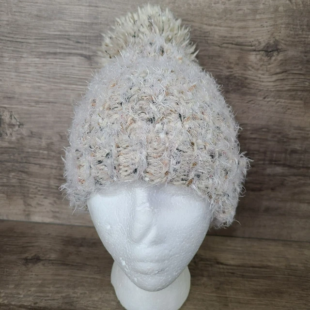 MIXIT Let's Snuggle OSFM Pom Pom Beanie Hat Soft Fuzzy Ivory Confetti JCPenny