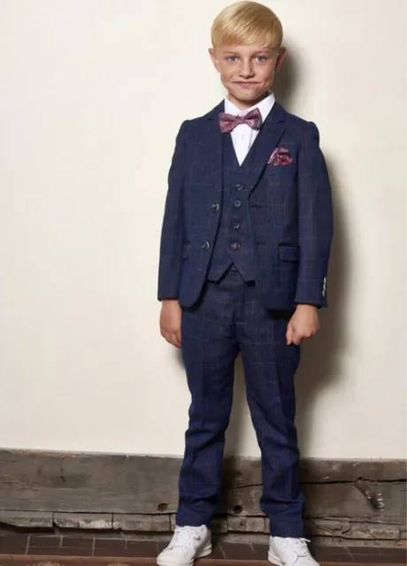 Childrens Boys Kids Blue Tweed Check 3 Piece Suit Wedding Formal Wear