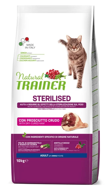 10 Kg Natural Trainer Cibo Secco Gatto Sterilizzato Sterilised Adult prosciutto