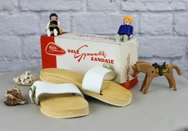 Vero Vintage Bambini Legno Sandali Fuss Gymnastik 1970er Ciabatte Bianco Tgl 28