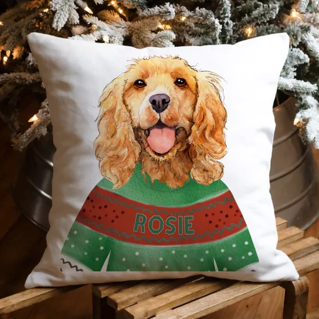 Personalised Cocker Spaniel Christmas Cushion Cover Dog Xmas Jumper Decor DJ31