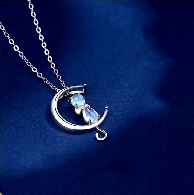 DAINTY CAT CRESENT MOON KITTEN pendant CZ 925 Sterling Silver 24" Necklace Women